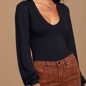 Lulus Kaylene Black V-Neck Balloon Sleeve Bodysuit